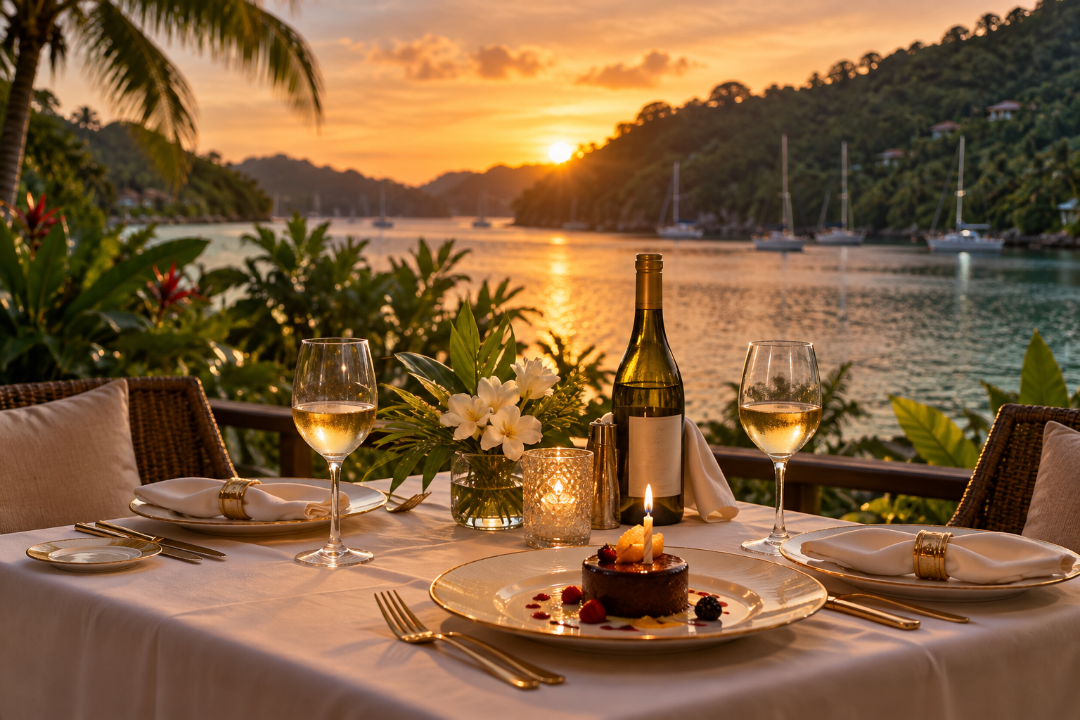 Illustrative birthday dinner at sunset — celebrate at Doolittle’s
