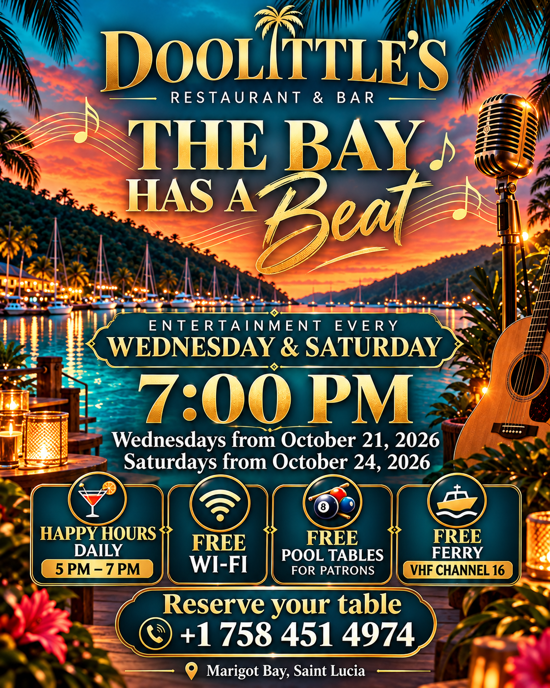 Doolittle’s entertainment every Wednesday from October 21 and Saturday from October 24, 2026