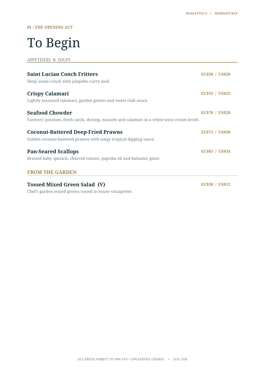 Doolittle’s dinner menu, page 2, available from November 1, 2026
