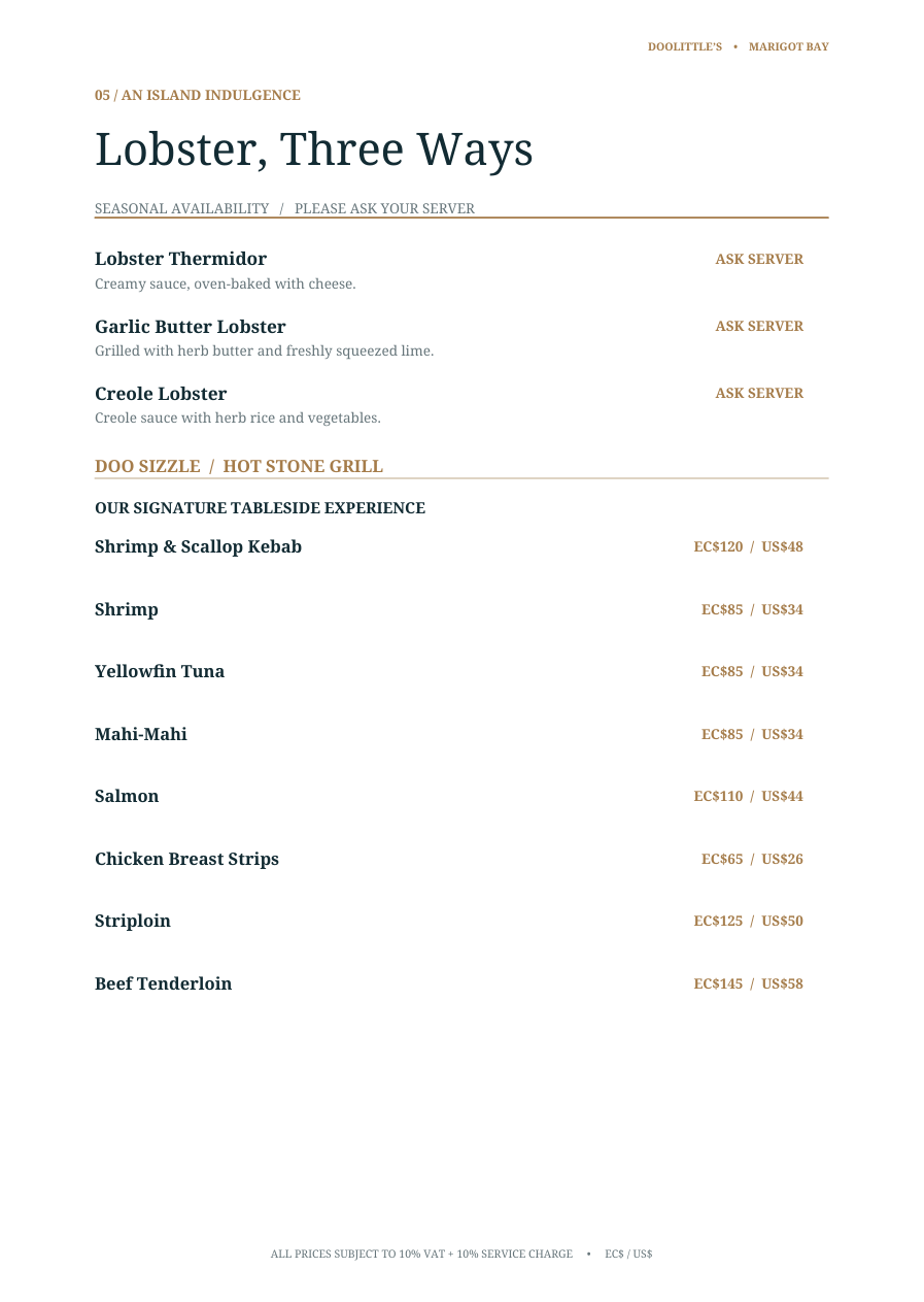 Doolittle’s dinner menu, page 6, available from November 1, 2026