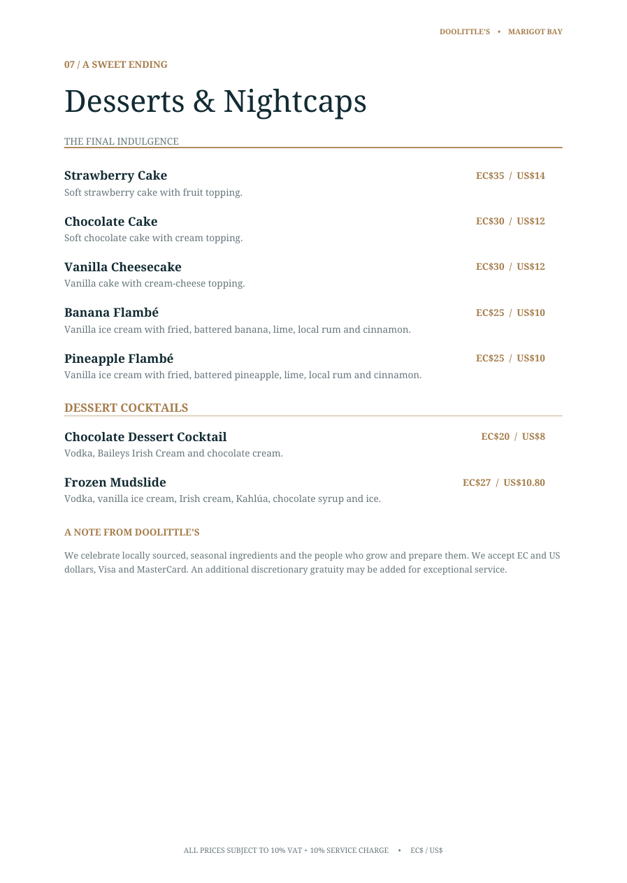 Doolittle’s dinner menu, page 8, available from November 1, 2026