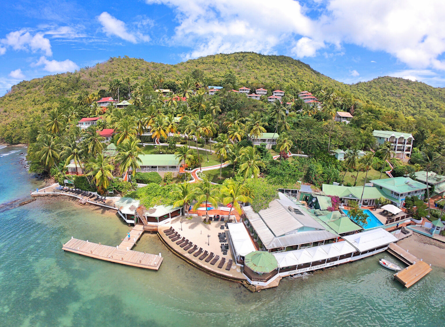 Actual aerial view of Marigot Beach Club in Marigot Bay, Saint Lucia